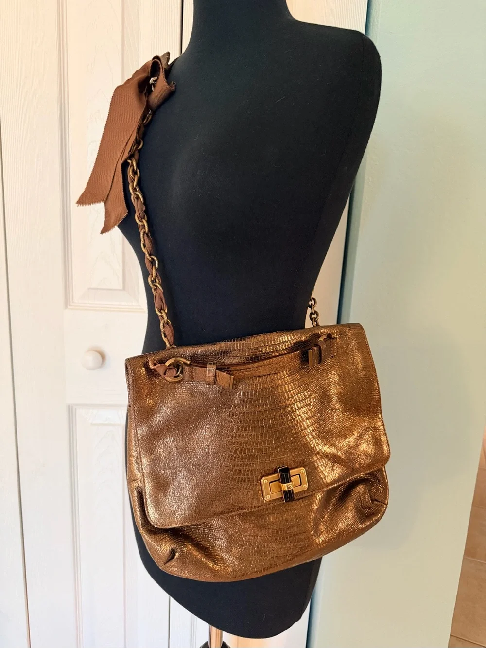LANVIN Happy Flap Lizard-Embossed Metallic Bag with Chain Straps - 9”x12”x2”